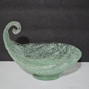 Vtg Murano Fratelli Toso  Green Overshot Glass Bowl Sandy Texture Shell Design